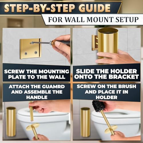 Gold Toilet Brush and Holder Set, Stainless Steel (Wall Mounted) | Toilet Brush with Holder Set, Splash Protection & Dense Bristles, Strong Vacuum Suction, Scratch- and Corrosion-Resistant