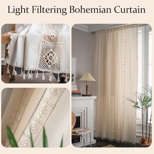 Sutuo Home Boho Curtain Crochet Lace Patchwork Semi-Blackout Bohemian Handmade Tassels, Rod Pocket Window Treatment Vintage Rustic Farmhouse Drapes for Bedroom, 1 Panel 59" W x 96" L, Beige