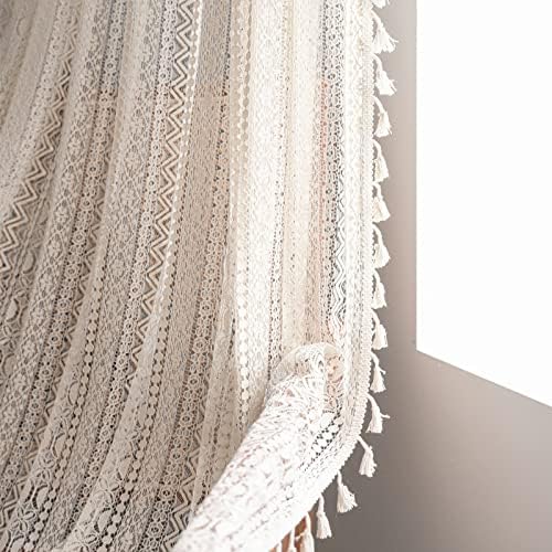 Sutuo Home Crochet Boho Curtain 63 Inches Length, Sheer Lace Handmade Tassels Knitted Window Treatment Vintage Rustic Bohemian Farmhouse Drape for Bedroom Rod Pocket 1 Panel 59" W x 63" L, Beige Wave