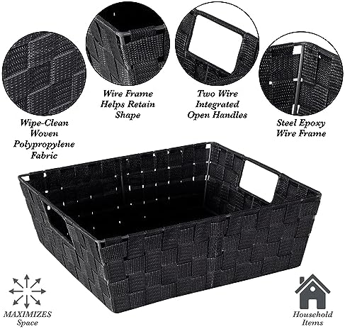 Simplify Large Shelf Woven Strap Tote | Decorative Storage Basket | Built in Handles | Organization | Closet | Bedroom | Bathroom | Nursery | Accessories | Toys | Gifts | 2 Pack | Black