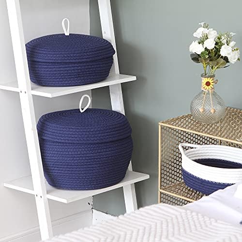 Sea Team Round Woven Cotton Rope Storage Basket with Lid, Navy | Lidded Knitted Decorative Storage Bin, Pot, Caddy, Organizer, Container for Snacks, Towels, Plants, 13 x 9 Inches