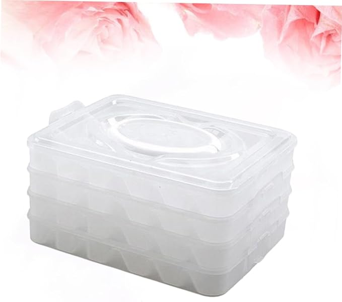 Luxshiny Dumpling Storage Box Four Layer PP Organizer with 18 Grids | Portable Handle, Food Preservation, Odor Separation, Camping and Housekeeping Use, Stackable Design, Four Trays