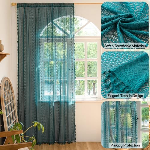 Sutuo Home Turquoise Boho Curtains 90 inches Long for Bedroom Living Room Dining Room, Crochet Lace Sheer Bohemian Hollow with Tassels, Country Window Treatment Drapes, 1 Panel 59" W x 90" L