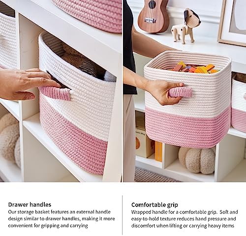 R RUNKA Storage Cube Baskets for Organizing 11 inch-3 Pack- Square Baskets for Cube Storage, Closet Storage Bins - Woven Cube Storage Bins for Shelves- Cube Drawer- Ideal for Toy Storage White & Pink
