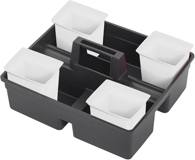 Outanaya Plastic Storage Basket with Handle for Cleaning Supplies Organizer, Small Multi-purpose Plastic Caddy Bin, White Portable Housekeeping Tool Storage for Bathroom and Service Cart