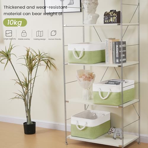 15.7x11.8x8.26 Inch Fabric Large Storage Bins with Handles 6 Pack | Foldable, Sturdy Metal Strand, Cardboard Support Molding, Fabric Storage Baskets for Shelves, Closet, Bedroom, White/Green