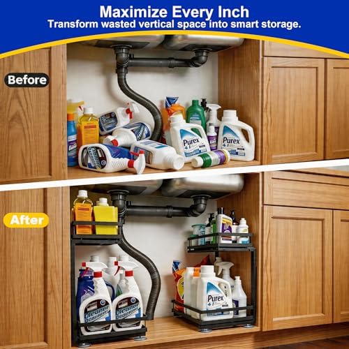 2-Tier Metal L-Shaped Pull-Out Under Sink Organizer, Black, 2 Pack | 2 complete sets; ball-bearing slides; 6-level height; no-drill setup