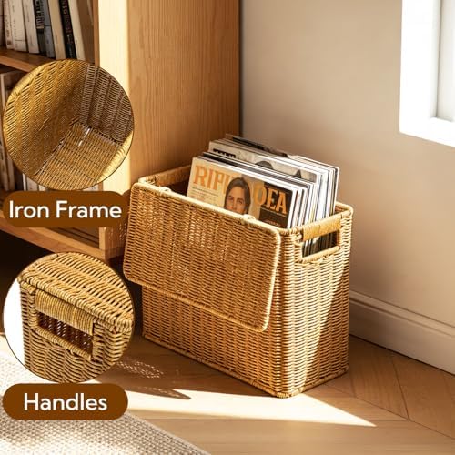 Pumtus Woven Storage Basket with Lid, 3 Gallon Decorative Plastic Organizer Box with Handle, Rectangle Narrow Tall Trash Can Toilet Paper Holder, Household Container Bin for Wardrobe, Magazines, Toys