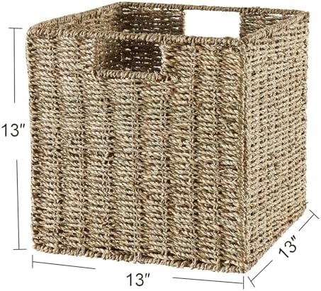 Vagusicc Wicker Storage Basket, Set of 2 Seagrass Storage Baskets, 13 Inch Foldable Wicker Basket Square Cube Storage Bins Storage Baskets for Organizing Shelf Baskets, 13''x13''x13''