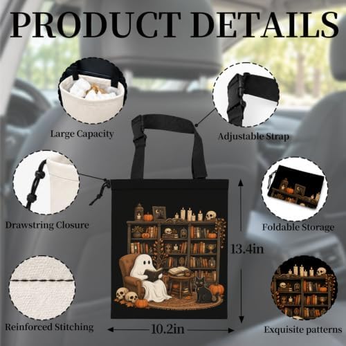 Ghost Reading Book Halloween Car Garbage Bag Canvas Trash Can | Dark Academia Gothic Skull Bookish Drawstring Car Trash Bag Hanging for Back Seat with Adjustable Buckle
