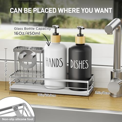 Moforoco Kitchen Dish Soap Dispenser Set, 16OZ Glass Bottle, Hand and Dish Soap Dispenser Set, Instant Dry Tray, Brush Holder with Smiley Face Sponge Holder (Silver Tray+Black&White Bottle)