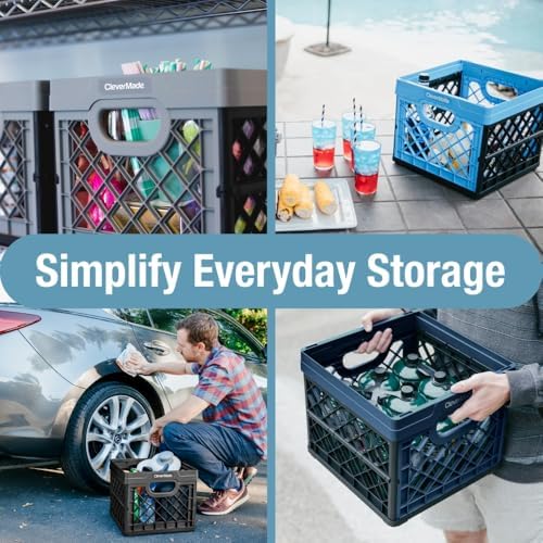 CleverMade Collapsible Milk Crate (100% Recycled) - 25L - Obsidian | Organize Files, Groceries, and Gear in One Crate | Built-In Rails Hold Letter Folders, While the Frame Stacks Securely