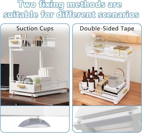 Under Sink Organizer Kitchen - Upgraded Professional Rails, 2 Tier Dual Pull Out Cabinet Storage, Height Adjustable Under Sink Storage, Metal Sliding Drawer for Kitchen & Bathroom, White, 1 Pack