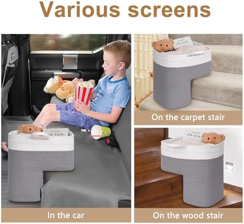 Stair Basket for Wooden & Carpeted Stairs, Foldable Cotton Rope Step Basket with Handles, Staircase Storage Organizer, Fog Grey, 15" Lx 10" W x 15" H