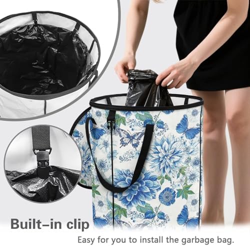 doginthehole Blue Floral Butterfly Collapsible Trash Can with Lid 20 Gallons Outdoor Waste Basket Bin Waterproof Garbage Cans Recycling Trash Can for Camping Beach Travel Yard Home Decorations