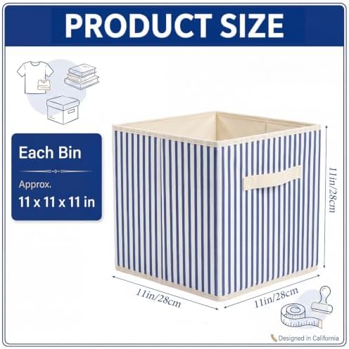 Amyhill 6 Pack Blue Striped Basics Collapsible Fabric Storage Bins | with Handles, Foldable Storage Cubes, 11 Inch, Closet Decorative Organizer, Baskets for Shelves Units, Home, Dorm