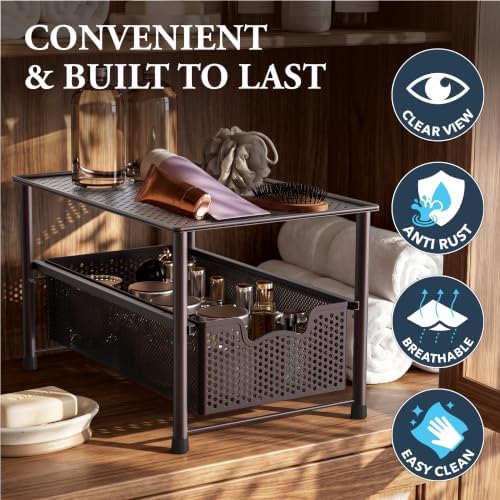 Simple Houseware Stackable Under Sink Sliding Basket Drawer, Brown | Perforated Free Standing Organizer, Kitchen/Pantry/Cabinet/Counter