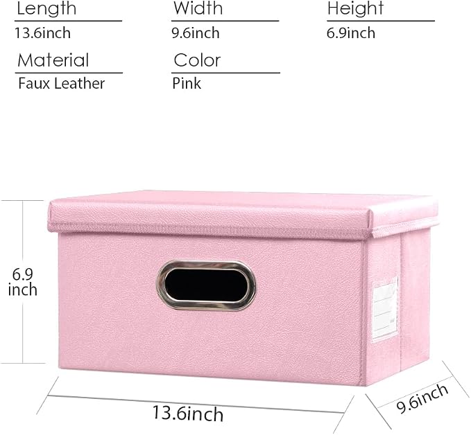 Collapsible Storage Box with Lid [3-Pack] Leather Fabric Foldable Storage Bin Organizer Container Basket Cube with Cover for Home Bedroom Closet Office Nursery Pink(13.6x9.6x6.9)