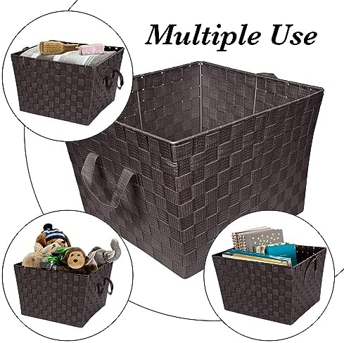 Simplify Large Woven Strap Tote | Decorative Storage Basket | 2 Handles | Organization | Closet | Bedroom | Bathroom | Nursery | Accessories | Toys | Gifts | 2 Pack | Chocolate