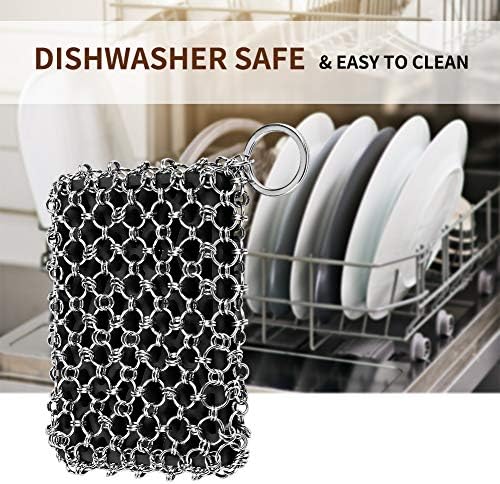 Herda 316L Cast Iron Scrubber Cleaner, Large Chainmail Cast Iron Cleaner | Honeycomb Silicone Insert,Flexible,Stainless Steel Chain Mail Metal Sponge Scrub Skillets,Oven,Flat Top,Grill Pan Pot Brush