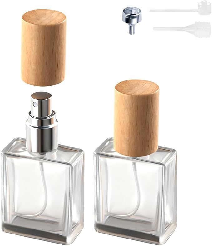 Perfume Atomizer, Refillable Spray Perfume Bottles 2pcs 0.5oz/15ml | Real Wood Lid, Classic Looking, Leak-Proof, Compact Size, Solid Bottle, Daily Touch-Up Spraying