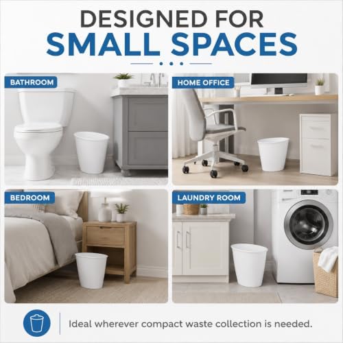 Small Bathroom Trash Can 1.5 Gallon Plastic Garbage Bin, Open Top Waste Basket for Bathroom, Bedroom, Office, Laundry Room, Narrow Space, White, 2 Pack
