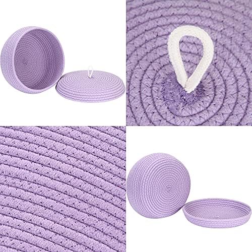 Sea Team Round Woven Cotton Rope Storage Basket with Lid, Lavender | Lidded Knitted Decorative Storage Bin, Pot, Caddy, Organizer, Container for Snacks, Towels, Plants, 13 x 5.5 Inches