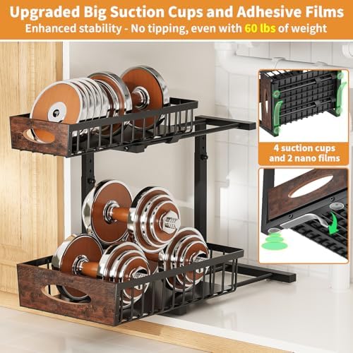 2-Tier Under Sink Organizer with Wooden Drawer Handle, 2 Pack Adjustable Height Pull Out Cabinet Organizer Shelf,Slide out Storage Drawer Rack for Kitchen Bathroom Laundry Room Pantry (Black)