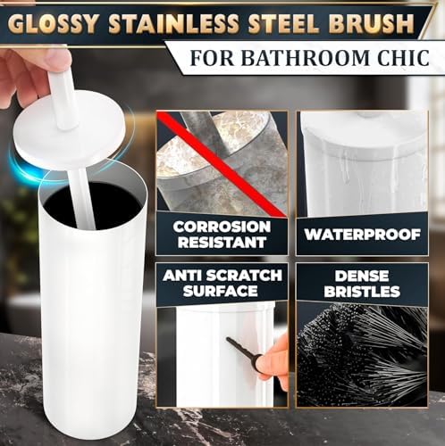 White Toilet Brush and Holder Set, Freestanding, Splash Protection | Toilet Brush with Holder Set for Bathroom Cleaning with Removable Inner Bowl, Freestanding, Waterproof, Corrosion-Resistant