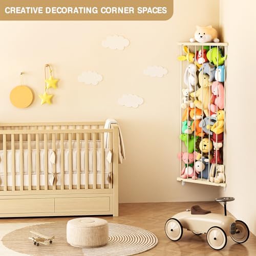 Stuffed Animal Storage Toy Organizer(Patented) - Large Corner Stuffed Animal Holder Length Adjustable - Wall Plush Storage for Nursery Playroom Bedroom Kids Room (Beige)