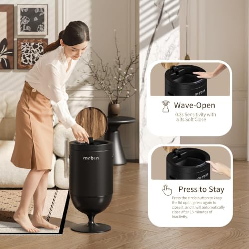 MRBIN Metal Motion Sensor Trash Can with Lid, 5.3 Gallon Wine Glass Shaped Automatic Waste Basket Touchless, Smart Round Tall Garbage with High Leg for Office, Bedroom, Kitchen, Black