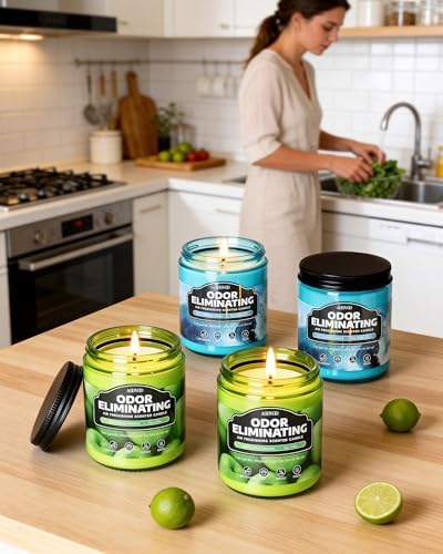 AOOVOO 4 Pack Odor Eliminating Candle Set - 36oz Fantasy Ocean/Green Apple | Eliminates 95% of Pet, Smoke, Food, and Other Smells Quickly, Highly Fragranced Non Toxic Air Freshing Soy Candle