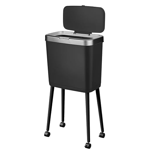 Laundry Waste Basket with Wheels and Lid, High Foot 4 Gallon Narrow Garbage Can with Silver Edge, Pop Up Lid Pet Waste Trash Can with Legs, Black Plastic Garbage Bin for Kitchen, Bedroom, Toilet