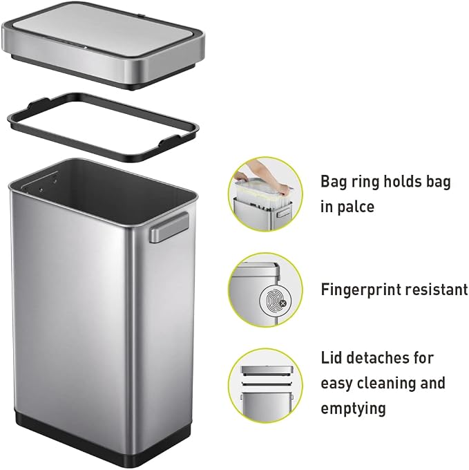 EKO Deluxe Motion Sensor 50 Liter Stainless Steel Trash Can Bundle with 4 Activated Charcoal Odor Filter Refills