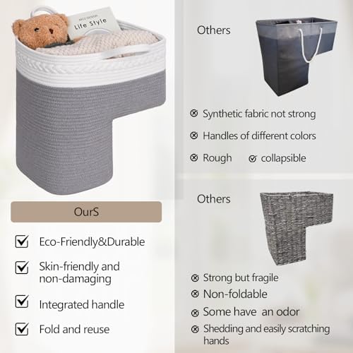 Stair Basket for Wooden & Carpeted Stairs, Foldable Cotton Rope Step Basket with Handles, Staircase Storage Organizer, Fog Grey, 15" Lx 10" W x 15" H