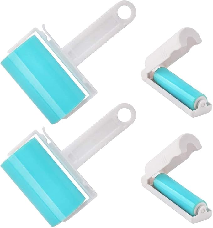 NUOBUT Reusable Sticky Lint Roller, 2 Large & 2 Mini, 4 Pack | Washable Pet Hair Remover for Clothes, Travel and Home, Sticky Surface Removes Lint and Dust, with Protective Cover