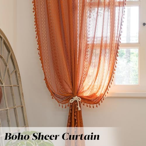 Sutuo Home Burnt Orange Boho Curtains 84 inches Long for Bedroom Living Room, Terracotta Crochet Lace Sheer Bohemian Hollow Knitted Tassels,Window Treatment Drapes Fall Decor, 1 Panel 59" W x 84" L