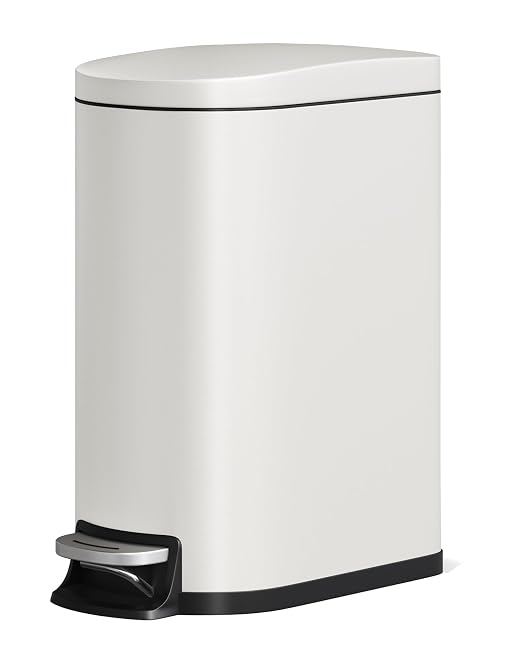 Garvee Slim 13 Gallon Trash Can with Lid, Step-on Metal Kitchen Garbage Bin with Lid & Inner Bucket, Rustproof Design, Soft-Close Lid & Rear Handle for Easy Use, Creamy White