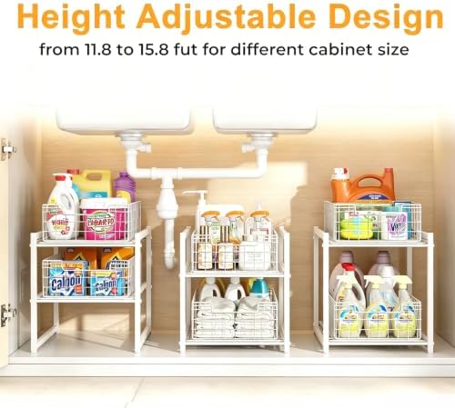 Under Sink Organizer, White 2-Tier Pull Out Cabinet Organizer | Kitchen Bathroom Organizer and Storage, Spice Rack for Kitchen, Multi-use Sliding Drawers Shelves, 2 Pack