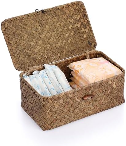 Sumnacon Small Wicker Basket with Lid,Tampon Holder for Bathroom,Coffee,XS | Natural Seagrass Female Product Organizer for Toiletries Pad Tampon Storage,Farmhouse Woven Baskets for Shelf, Toilet Tank