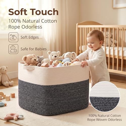 OIASKET 108L Cotton Rope Storage Basket for Living Room and Bedroom 25"x16"x16" Woven Laundry Basket, Heavy Duty Bin for Blankets, Pillows & Toys, Pet-Safe & Scratch-Free, Dark Grey and White
