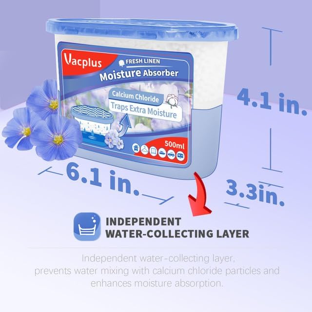 Vacplus Moisture Absorber, 10.5 OZ, Strong Absorption, Linen Scent | Closet, Bathroom, Car, Odor Eliminator, Dehumidifier Bucket, 6 Pack