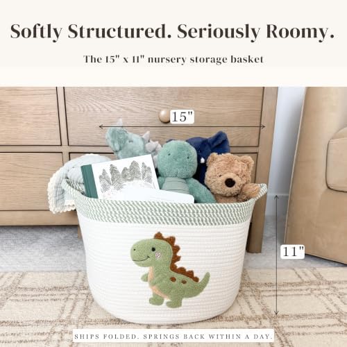 Dinosaur Baby Storage Basket, Woven Cotton Rope Nursery Bin, 15x11 in | Stuffed Animal and Blanket Storage, Soft Felt Dinosaur Patch, Baby Nursery Decor, Baby Shower, Kids Playroom Organizer