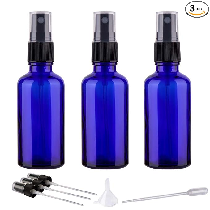 2oz Glass Spray Bottles For Essential Oils, Blue, 3 Pack | Small, Fine Mist