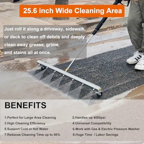 26-inch Water Broom for Pressure Washer, Power Broom Sweeper Surface Cleaner for Concrete Driveway Sidewalk Deck Patio Cleaning, 4000 PSI Pressure Washer Attachment (09640-07967#)