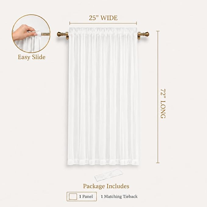 Aquazolax Rod Pocket White Sheer Curtains 72 inches Long Light Filtering Voile Curtain for French/Front Doors/Open Closet (25" Wide, 1 Panel in White, Tieback Included)