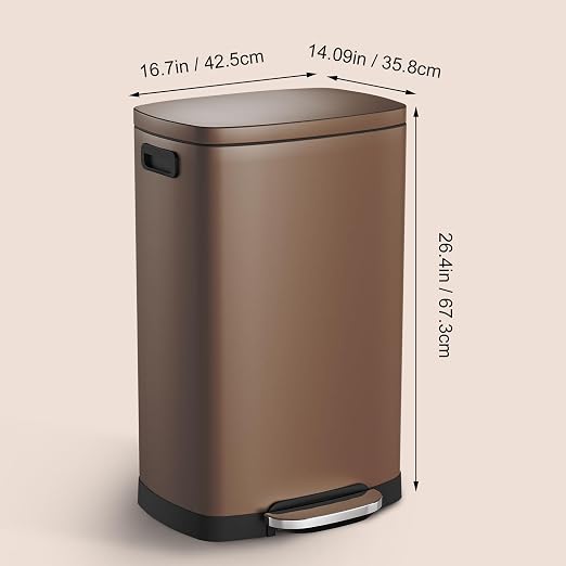 ELPHECO Kitchen Trash Can with Lid 13 Gal Stainless Steel Pedal Garbage Can | Soft Close Lid, Pedal, Heavy-Duty Fingerprint Proof Step Wastebasket with 20 Bags, Removable Bucket, Home Office, Brown