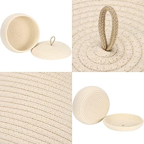 Sea Team Round Woven Cotton Rope Storage Basket with Lid, Cream | Lidded Knitted Decorative Storage Bin, Pot, Caddy, Organizer, Container for Snacks, Towels, Plants, 10 x 4.5 Inches
