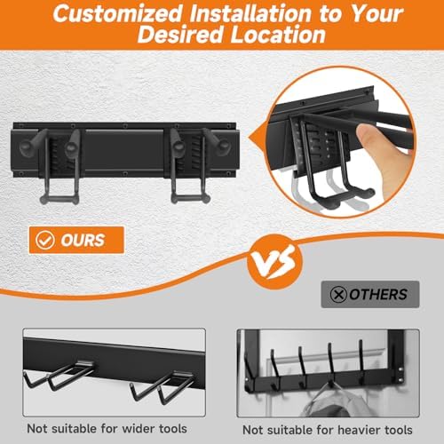 Garage Tool Organizer Wall Mount, Heavy Duty 48 Inch Garage Storage System with Adjustable Hooks, Garden Tool Rack for Shovel Rake Broom Snowboard Shed Organization
