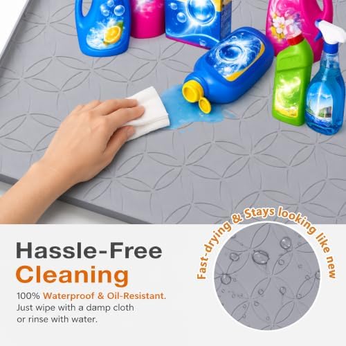 34"x22" Silicone Under Sink Mat Waterproof Cabinet Liner(Gray) | Leak-Proof Silicone Cabinet Protector with Raised Edges, Keeps Kitchen & Bathroom Cabinets Safe from Water Damage